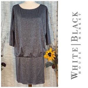 White House Black Market sparkling silver and gray 3/4 sleeve blouse dress.